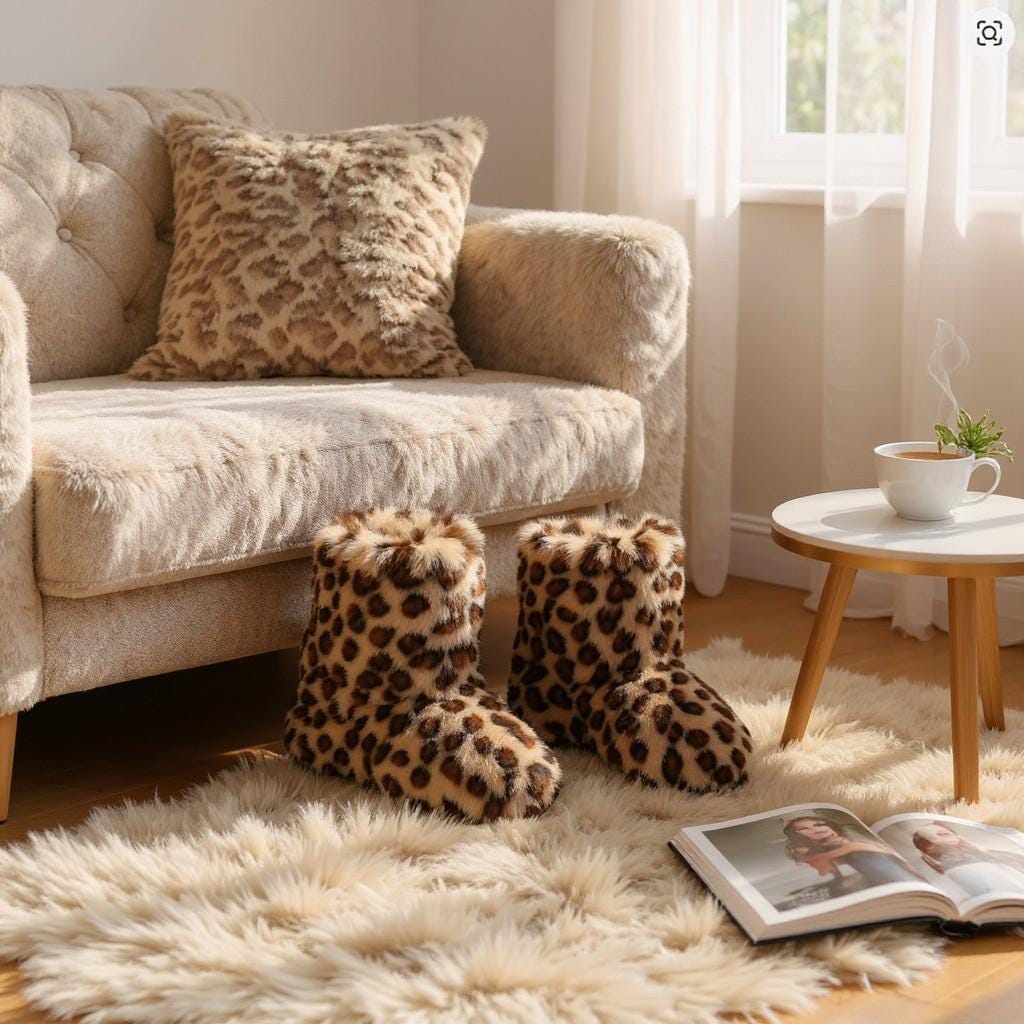 Leopard Fuzzy Boots, Faux Fur Ankle Boots, Cozy Winter Shoes for Women
