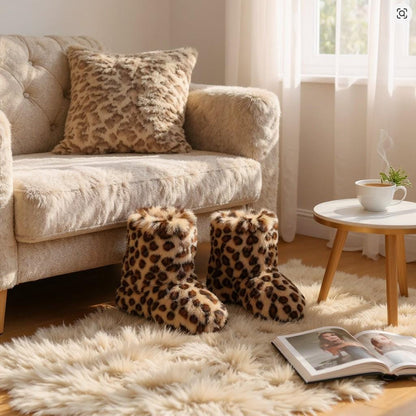 Leopard Fuzzy Boots, Faux Fur Ankle Boots, Cozy Winter Shoes for Women