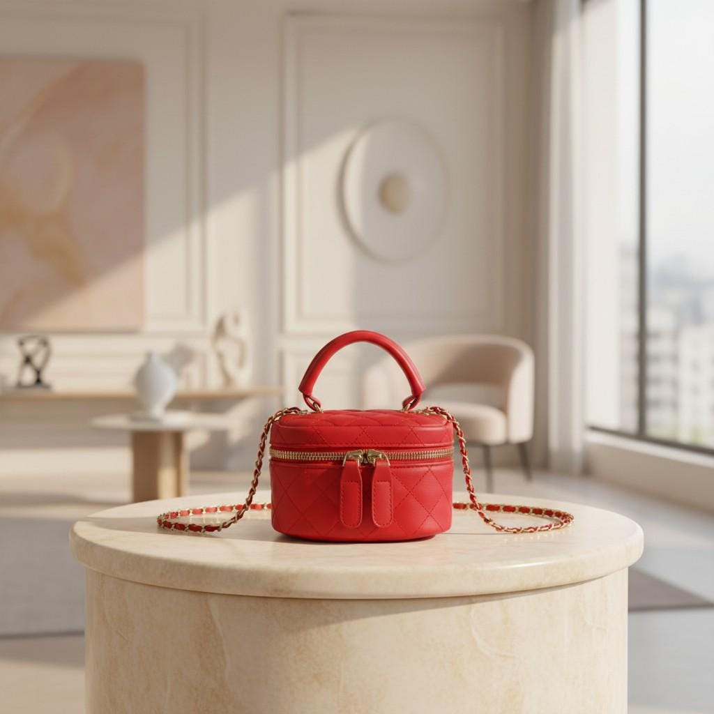 Red Quilted Mini Bag, Women's Crossbody Shoulder Purse, Small Top Handle Handbag, Double Zip Compact Bag