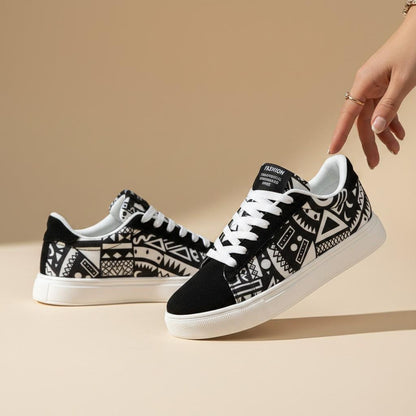 Black White Geometric Sneakers, Women's Low Top Shoes, Graphic Lace Up