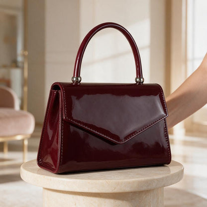 Burgundy Patent Handbag, Top Handle Purse, Wine Red Flap Bag, Elegant Womens Bag