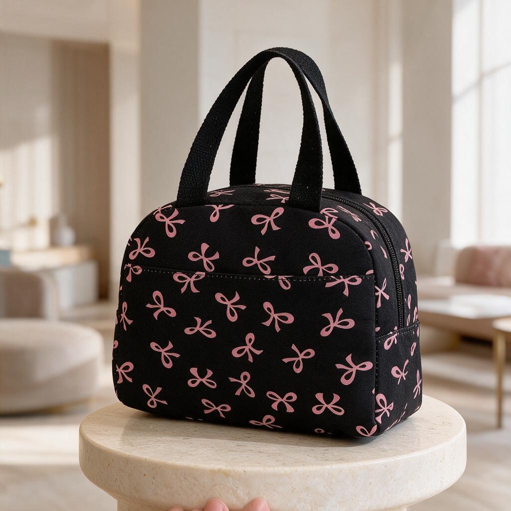 Black Bowler Bag with Pink Bows, Cute Top Handle Handbag, Feminine Everyday Purse