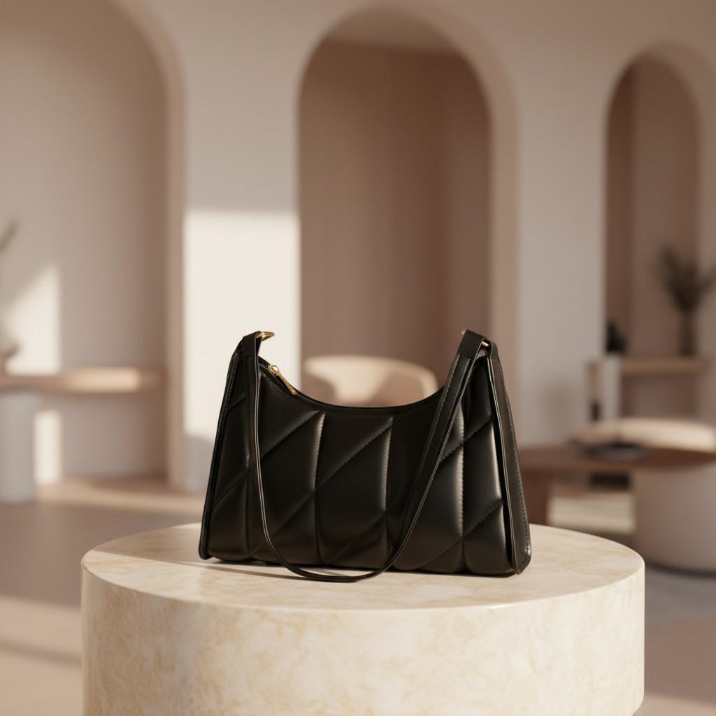 Black Quilted Shoulder Bag, Geometric Padded Purse, Y2K Handbag, Structured Black Baguette Bag, Minimalist Women's Bag