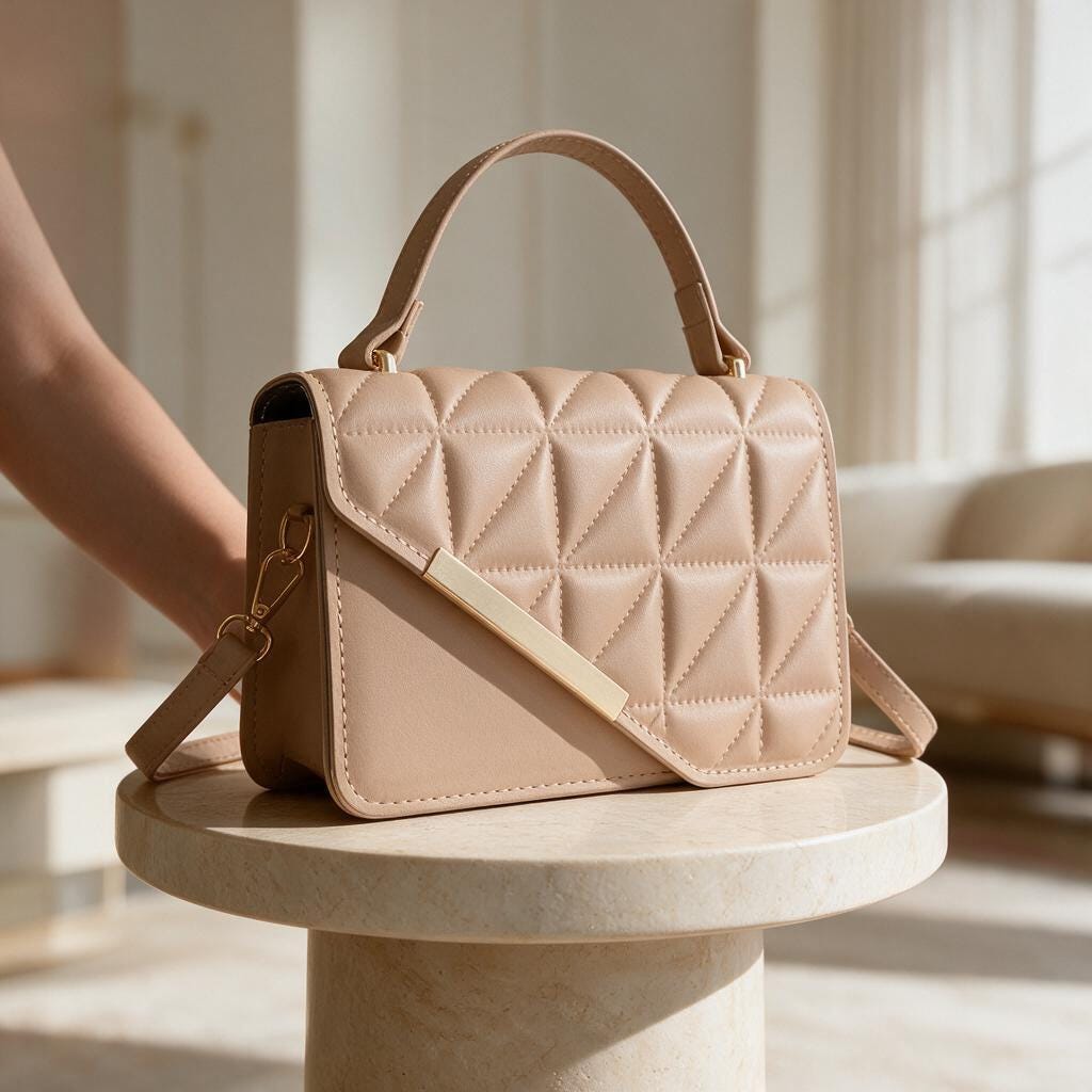 Nude Quilted Handbag, Beige Flap Shoulder Purse, Geometric Top Handle Bag, Elegant Crossbody Purse, Minimalist Womens Bag