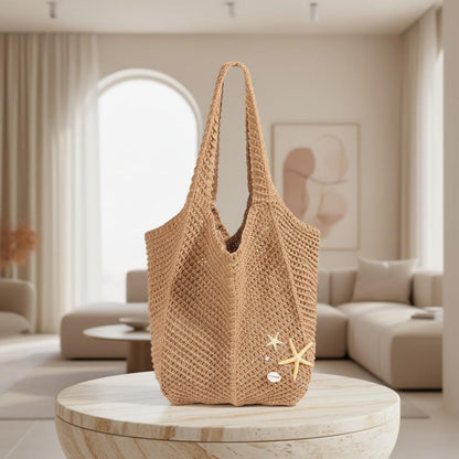 Crochet Beach Tote Bag, Boho Summer Shoulder Bag, Starfish Shell Bag, Woven Beach Purse, Coastal Vacation Tote, Women's Summer Bag