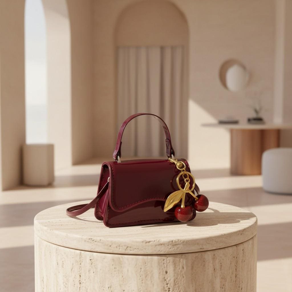 Burgundy Baguette Bag, Cherry Charm Purse, Glossy Top Handle Handbag, Y2K Shoulder Bag