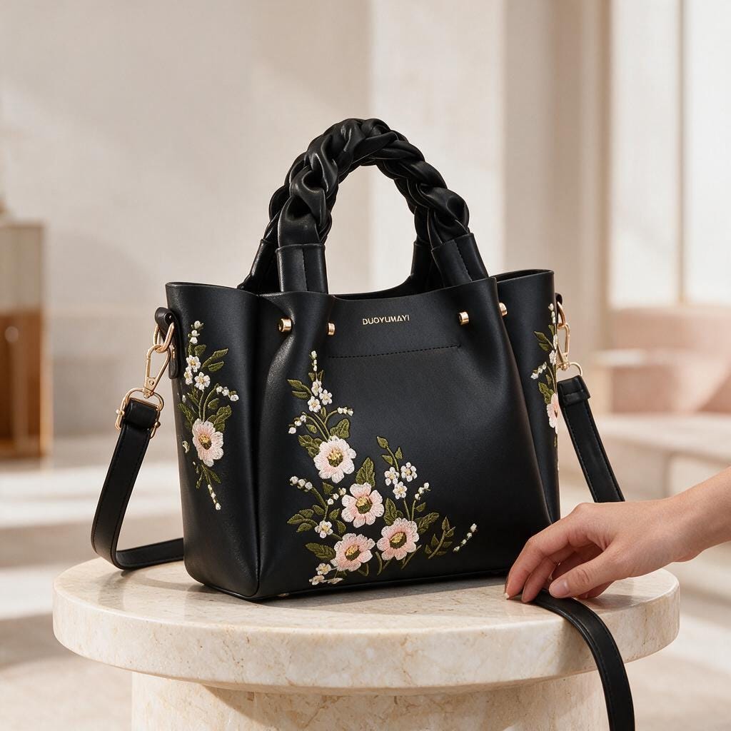 Black Floral Embroidered Tote Bag, Braided Handle Handbag, Women's Shoulder Bag, Floral Crossbody Purse, Everyday Tote