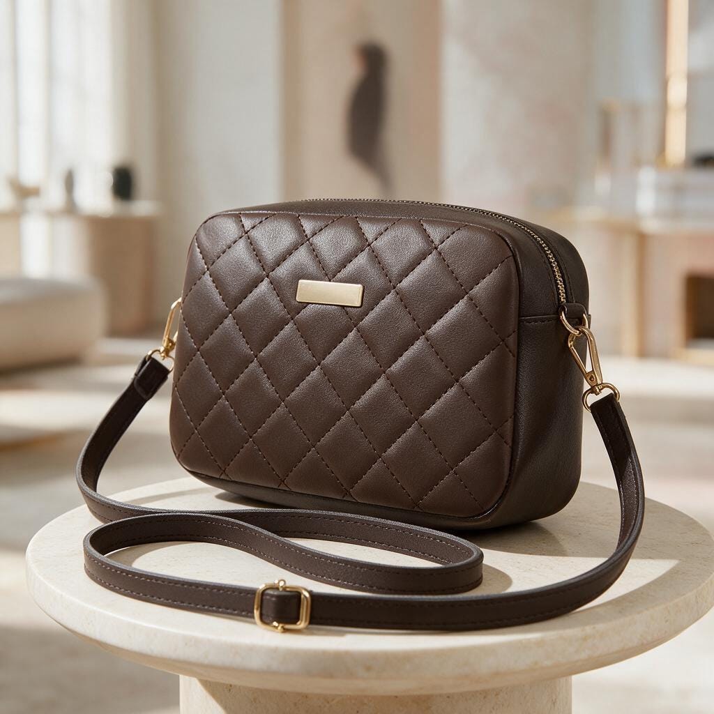 Brown Quilted Crossbody Bag, Diamond Stitch Purse, Small Shoulder Bag, Minimalist Brown Handbag, Gold Detail Everyday Bag
