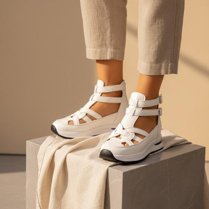 White Wedge Sneakers for Women, Strappy Platform Shoes, Buckle Detail Fashion Sneakers