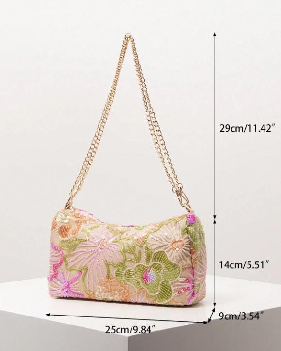 Floral Embroidered Shoulder Bag, Pastel Baguette Purse, Chain Strap Handbag, Boho Summer Bag