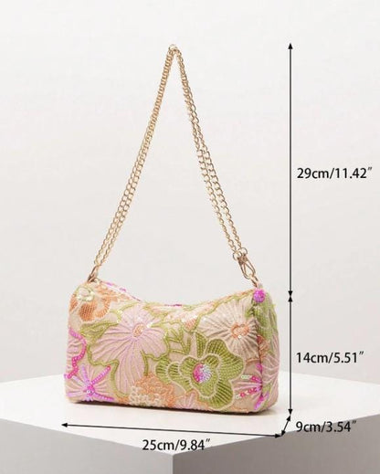 Floral Embroidered Shoulder Bag, Pastel Baguette Purse, Chain Strap Handbag, Boho Summer Bag