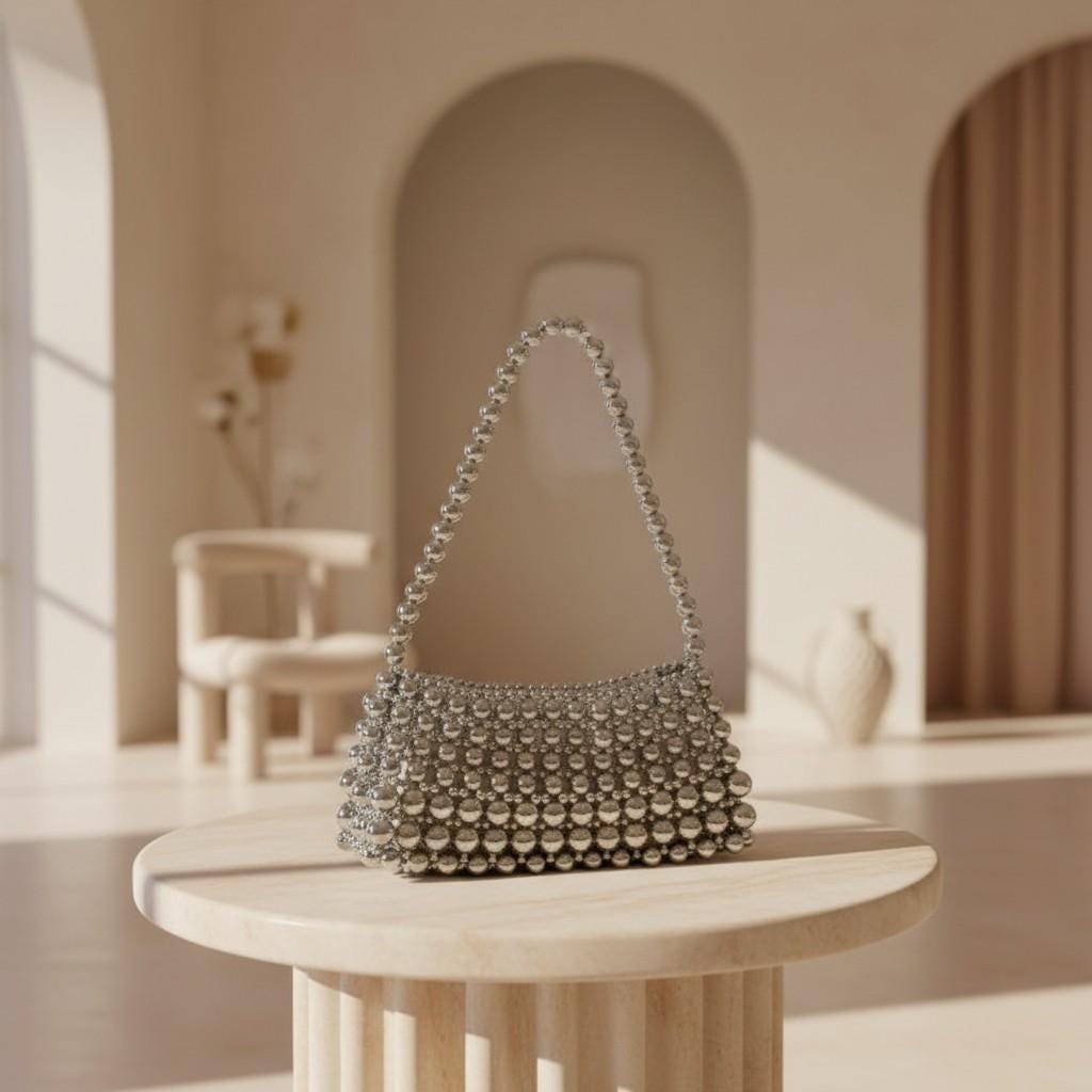 Silver Beaded Shoulder Bag, Y2K Metallic Purse, Beaded Mini Handbag, Party Evening Bag, Statement Purse