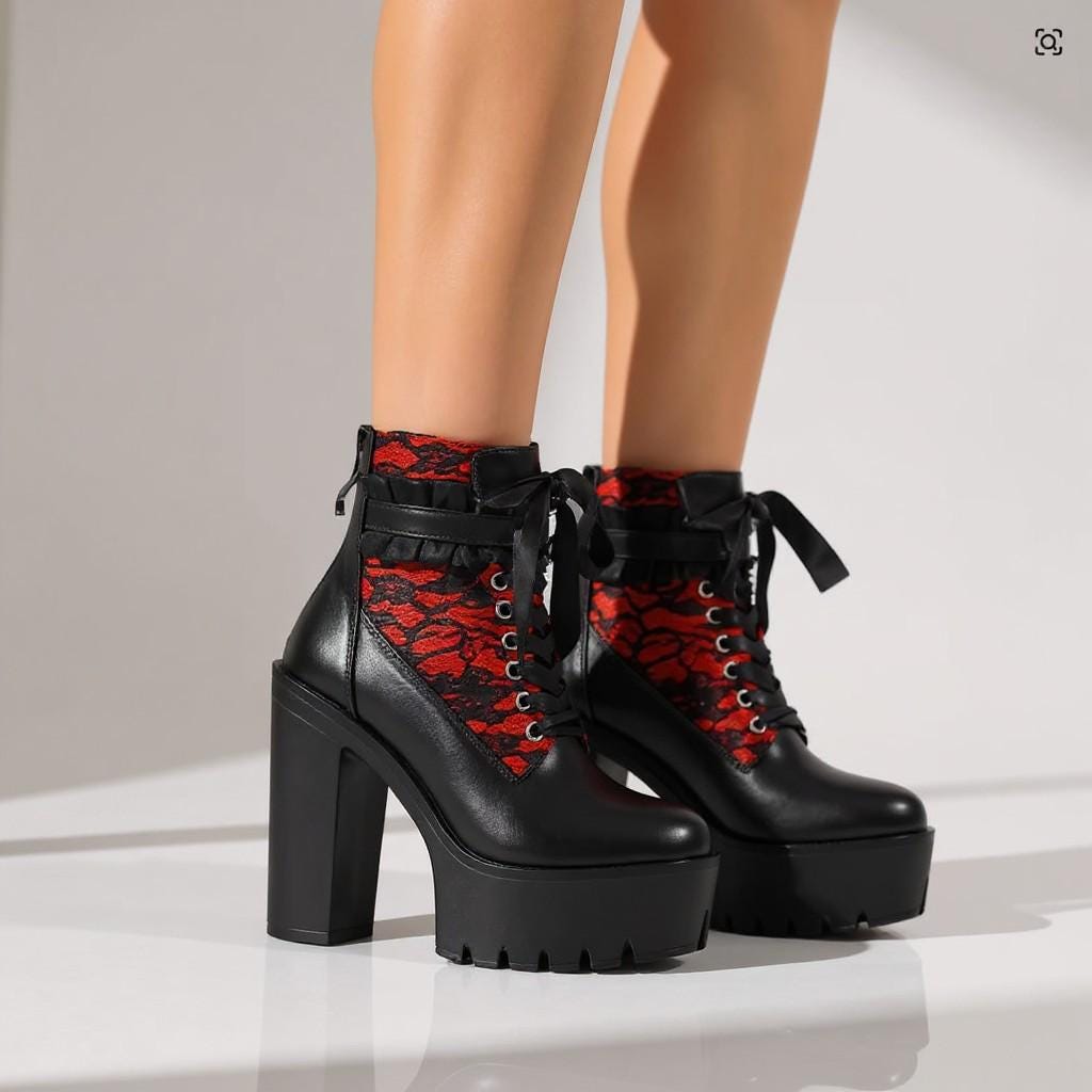 Black Red Platform Ankle Boots, Lace Up Chunky Heel Boots, Gothic Punk Shoes, Y2K Statement Footwear