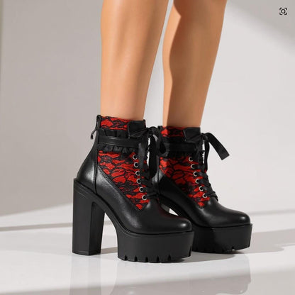 Black Red Platform Ankle Boots, Lace Up Chunky Heel Boots, Gothic Punk Shoes, Y2K Statement Footwear