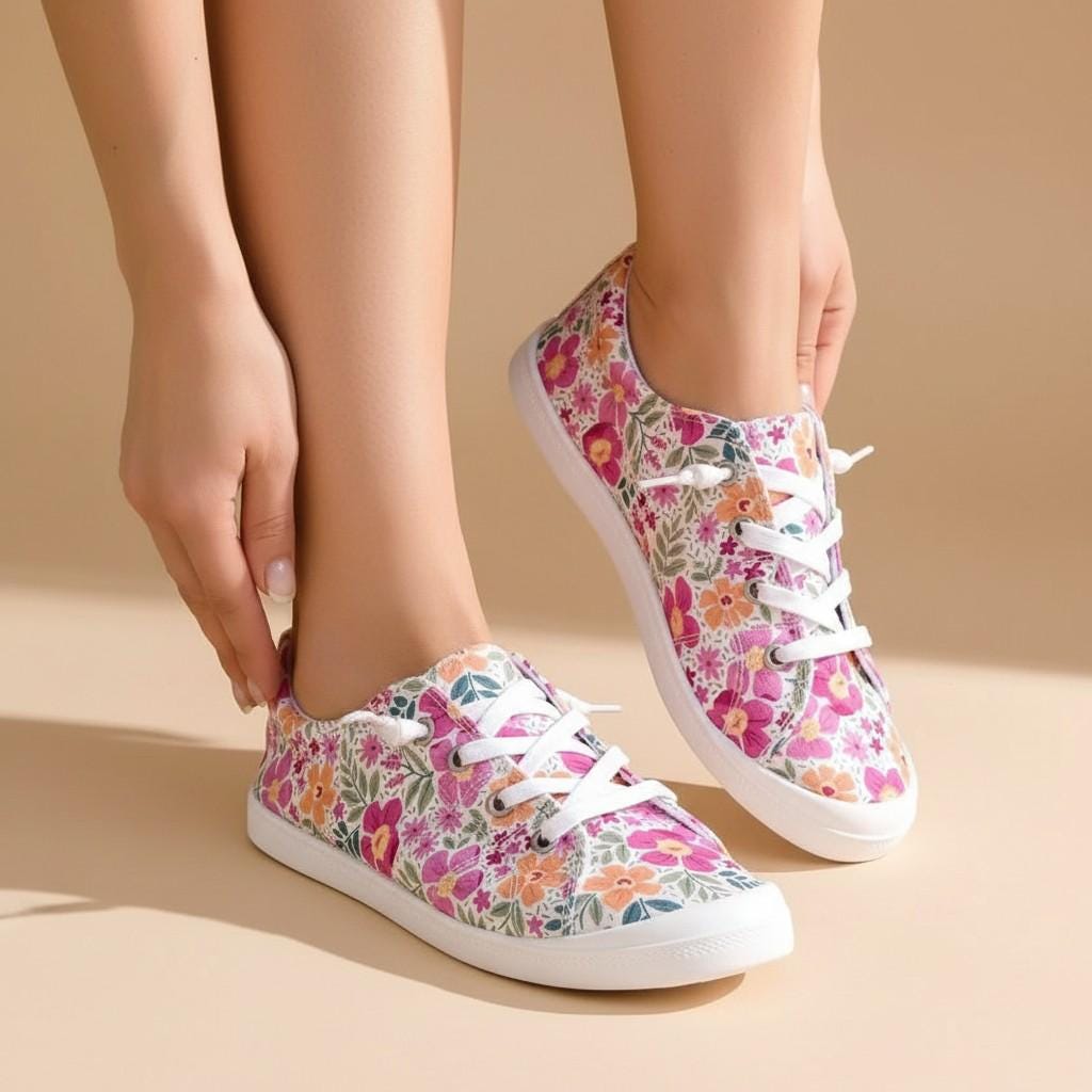 Floral Sneakers for Women, Colorful Flower Print Low Top Shoes, Women's Canvas Walking Sneakers, Cute Summer Shoes, Garden Style Footwear