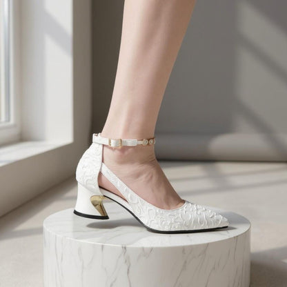 White Wedding Shoes, Floral Bridal Heels, Pointed Toe Ankle Strap Pumps