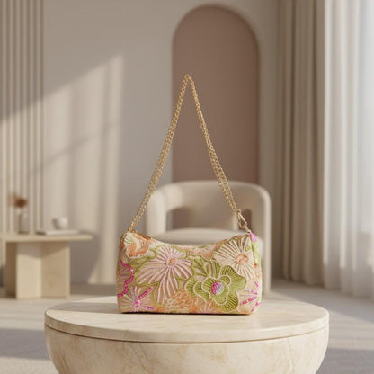 Floral Embroidered Shoulder Bag, Pastel Baguette Purse, Chain Strap Handbag, Boho Summer Bag