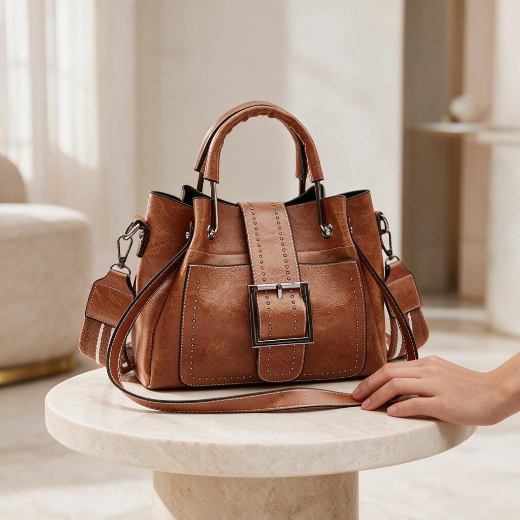 Brown Bucket Bag, Women's Structured Handbag, Top Handle Purse, Cognac Shoulder Bag, Buckle Crossbody Bag