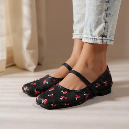 Black Cherry Mary Jane Flats, Floral T Strap Ballet Shoes, Vintage Cherry Print Shoes