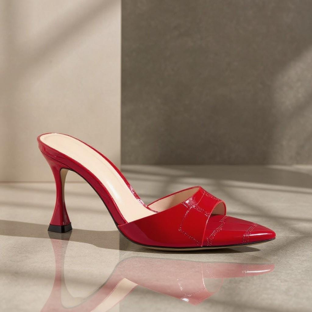 Red Patent Leather Mule Heels, Peep Toe Slip On Shoes, High Heel Dress Mules, Elegant Red Pumps