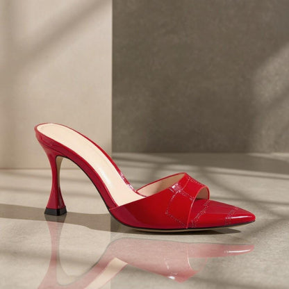 Red Patent Leather Mule Heels, Peep Toe Slip On Shoes, High Heel Dress Mules, Elegant Red Pumps