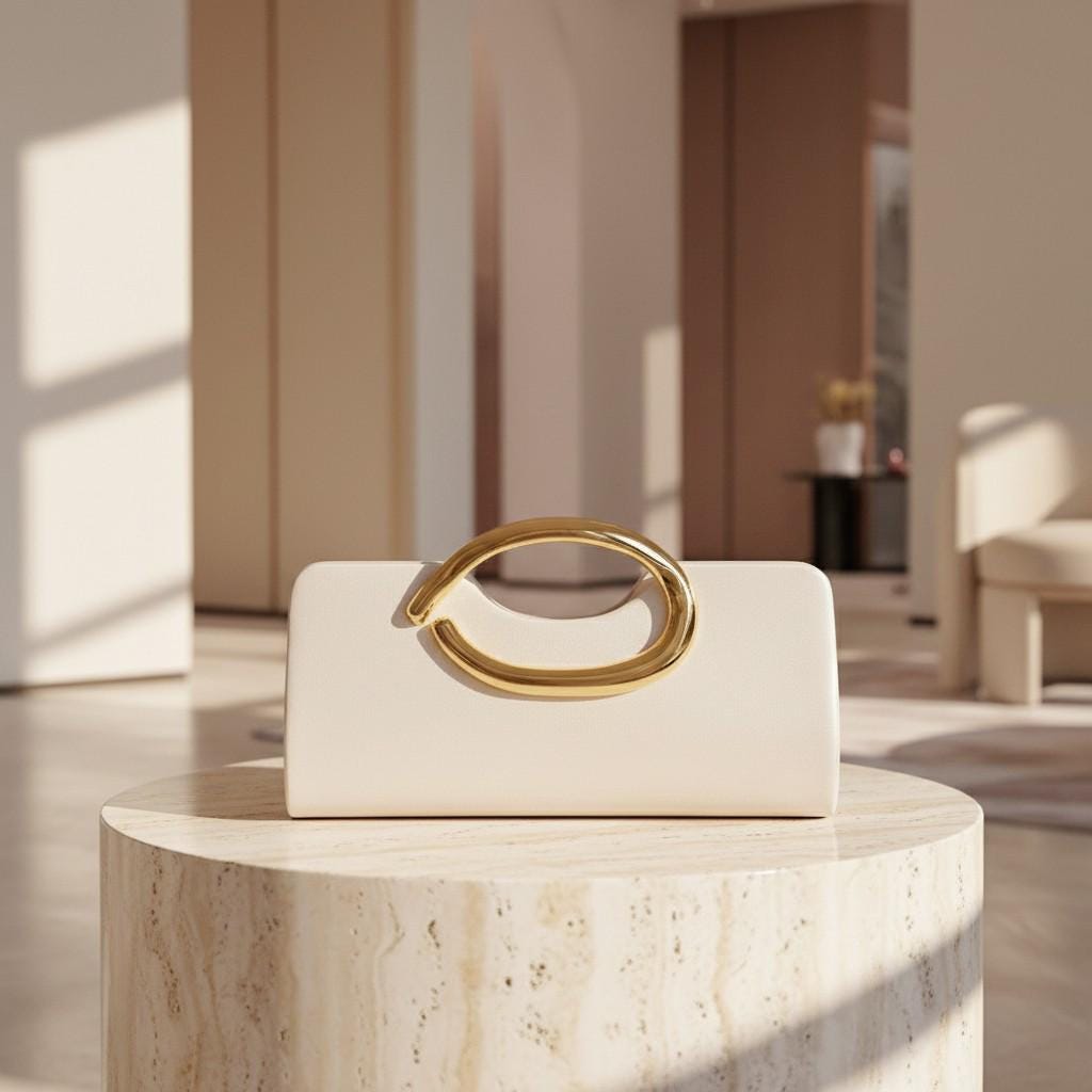 Ivory Clutch Bag, White Evening Purse, Gold Ring Handle Bag, Wedding Guest Clutch, Elegant Bridal Bag, Formal Party Purse
