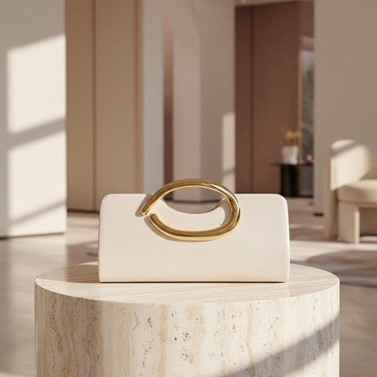 Ivory Clutch Bag, White Evening Purse, Gold Ring Handle Bag, Wedding Guest Clutch, Elegant Bridal Bag, Formal Party Purse