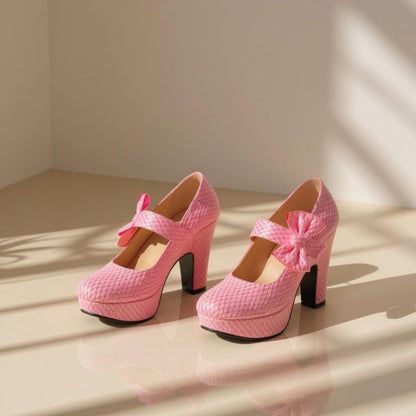 Pink Mary Jane Heels, Bow Platform Pumps, Chunky High Heel Shoes