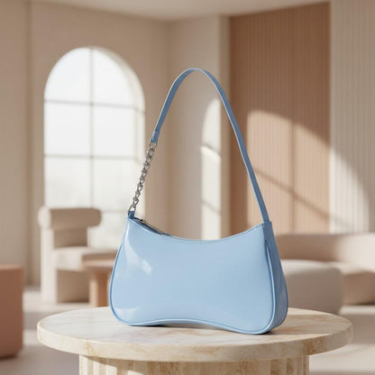 Light Blue Baguette Shoulder Bag, Glossy Baby Blue Purse, Y2K Handbag, Cute Underarm Bag, Women's Mini Shoulder Bag