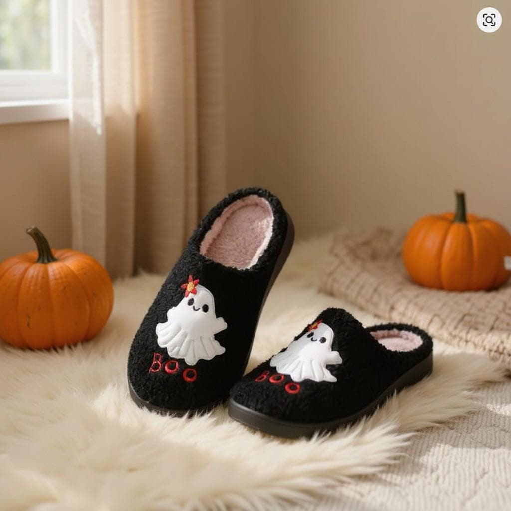 Halloween Ghost Slippers, Black Fuzzy House Shoes, Spooky Cozy Slippers