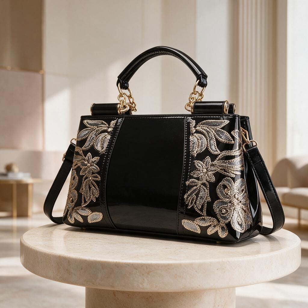 Black Floral Handbag, Embroidered Shoulder Bag, Women's Top Handle Purse, Elegant Crossbody Bag, Evening Purse