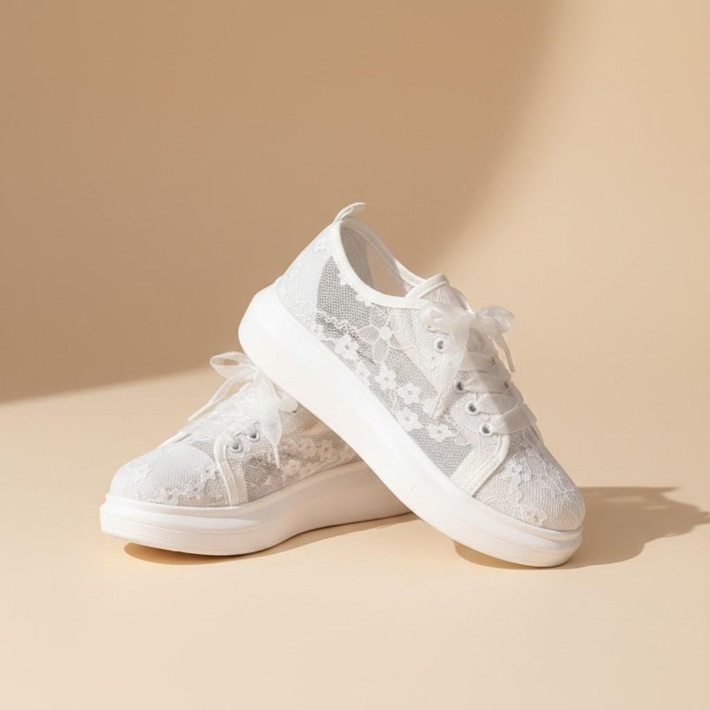 Lace Bridal Sneakers, White Wedding Shoes for Bride, Romantic Wedding Sneakers, Lace Up Platform Shoes, Bridal Reception Shoes