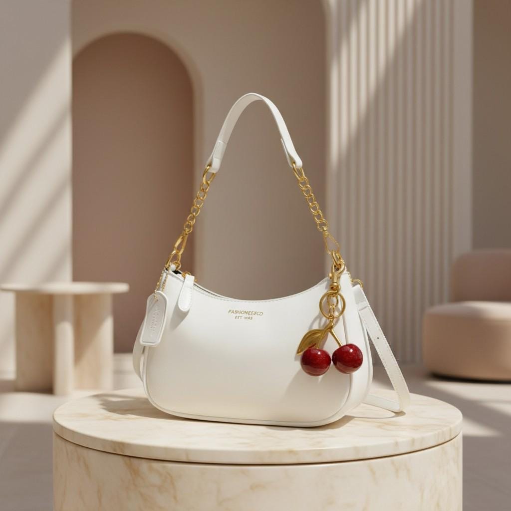 White Baguette Shoulder Bag, Cherry Charm Purse, Small Y2K Handbag, Gold Chain Crossbody