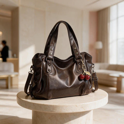 Brown Hobo Shoulder Bag, Cherry Charm Handbag, Slouchy Tote Purse, Large Everyday Bag