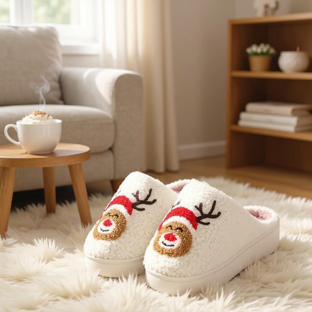 Reindeer Christmas Slippers, Fuzzy Plush House Shoes, Cozy Holiday Slippers