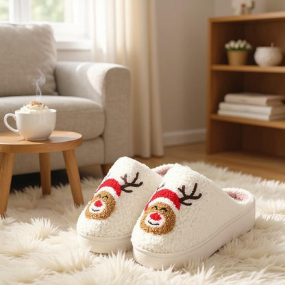 Reindeer Christmas Slippers, Fuzzy Plush House Shoes, Cozy Holiday Slippers