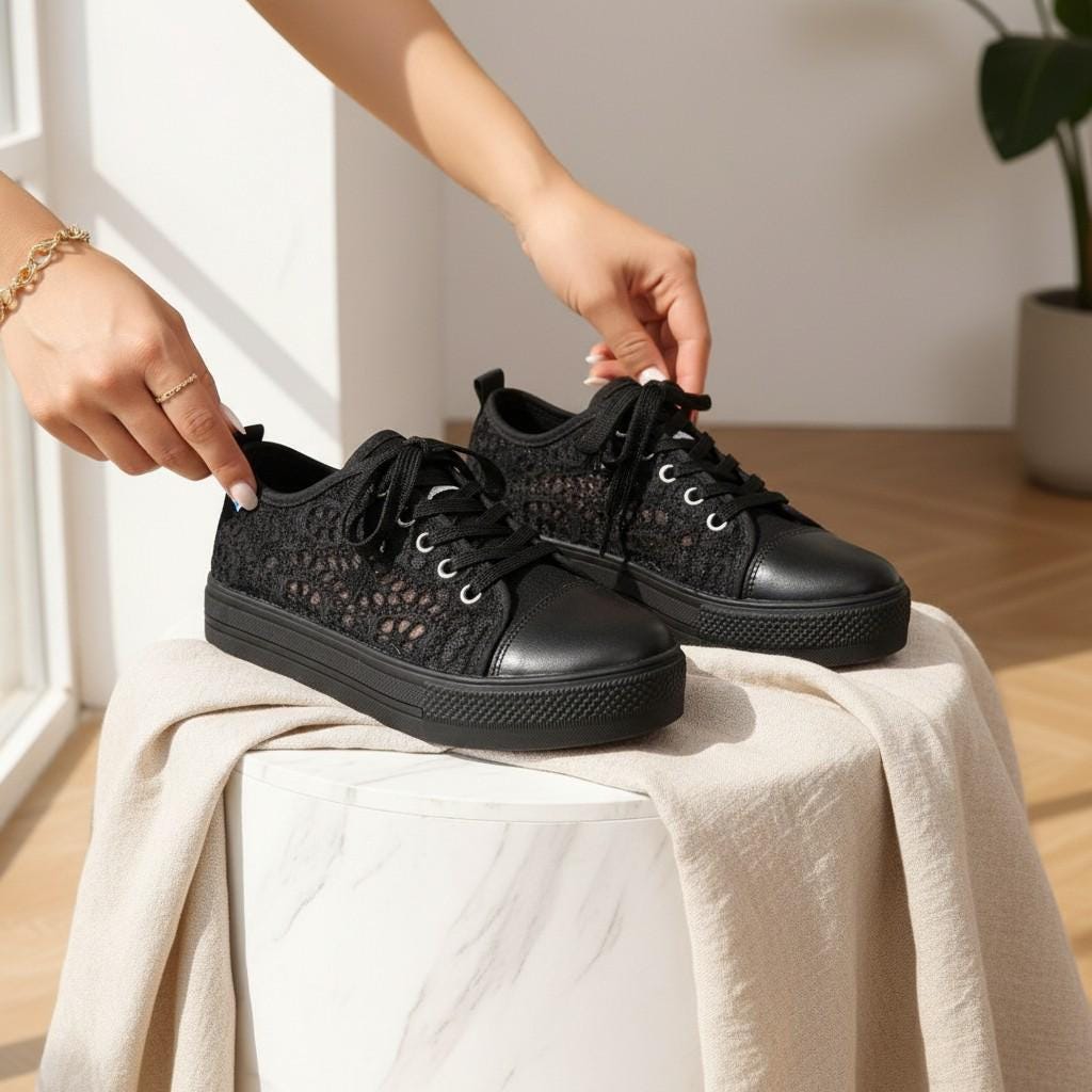 Black Lace Sneakers for Women, Chunky Platform Shoes, Lace Up Fashion Trainers
