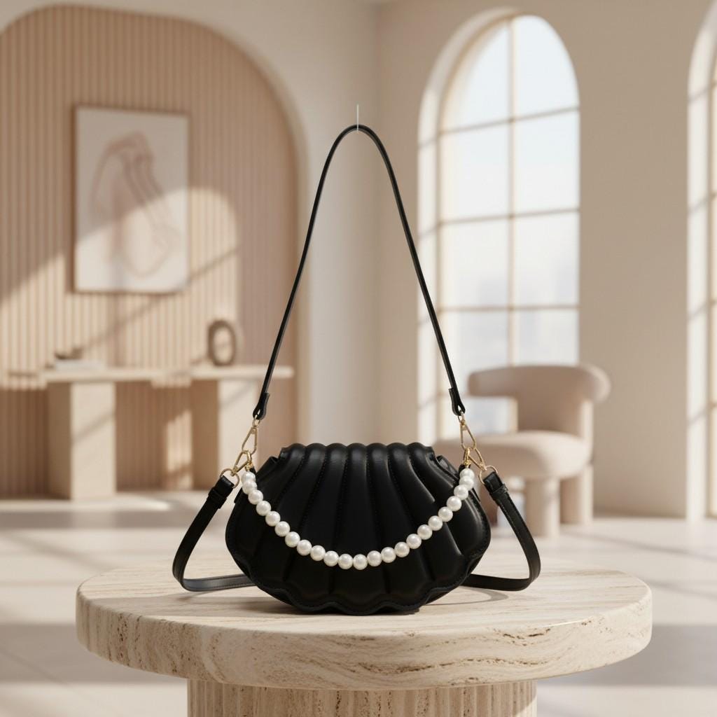 Black Shell Shoulder Bag, Pearl Detail Crossbody Purse, Scalloped Quilted Handbag, Elegant Evening Bag