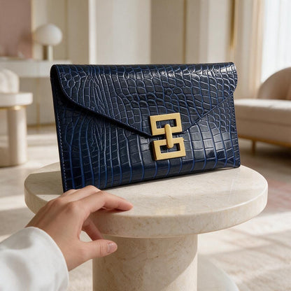 Navy Blue Croc Embossed Clutch, Royal Blue Envelope Purse, Gold Clasp Evening Bag, Elegant Flap Handbag, Wedding Guest Purse