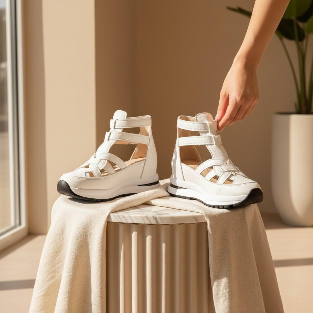 White Wedge Sneakers for Women, Strappy Platform Shoes, Buckle Detail Fashion Sneakers