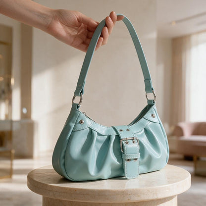 Aqua Blue Shoulder Bag, Y2K Hobo Purse, Ruched Underarm Bag, Buckle Detail Handbag, Retro 90s Style Purse, Cute Everyday Bag