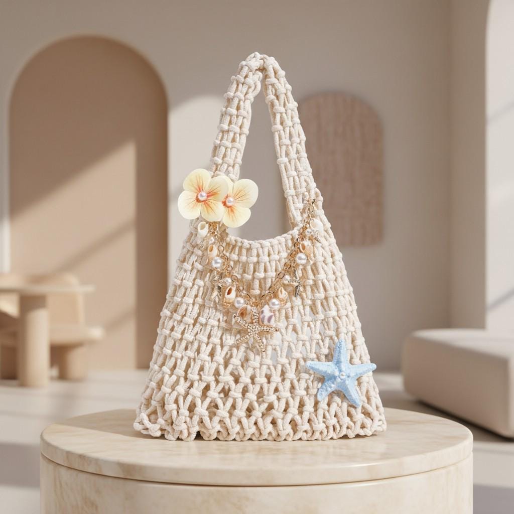 Crochet Beach Bag, Coastal Shoulder Bag, Boho Summer Purse, Shell Charm Bag, Starfish Pearl Handbag