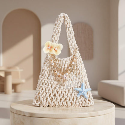 Crochet Beach Bag, Coastal Shoulder Bag, Boho Summer Purse, Shell Charm Bag, Starfish Pearl Handbag