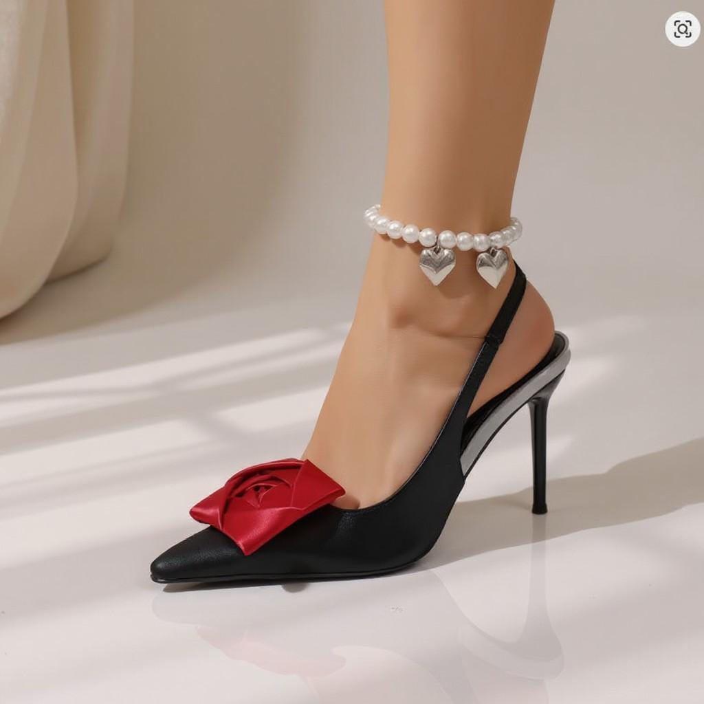 Black Bow Heels with Red Bow, Pointed Toe Stiletto Pumps, Slingback Dress Shoes
