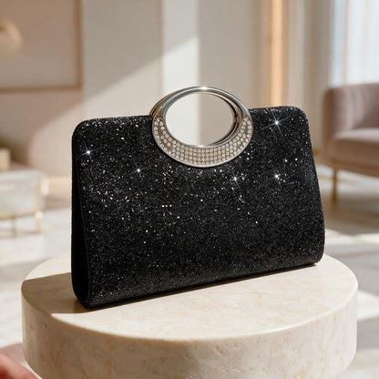 Black Glitter Clutch Bag, Sparkly Evening Purse with Crystal Ring Handle, Glam Party Handbag, Formal Night Out Bag