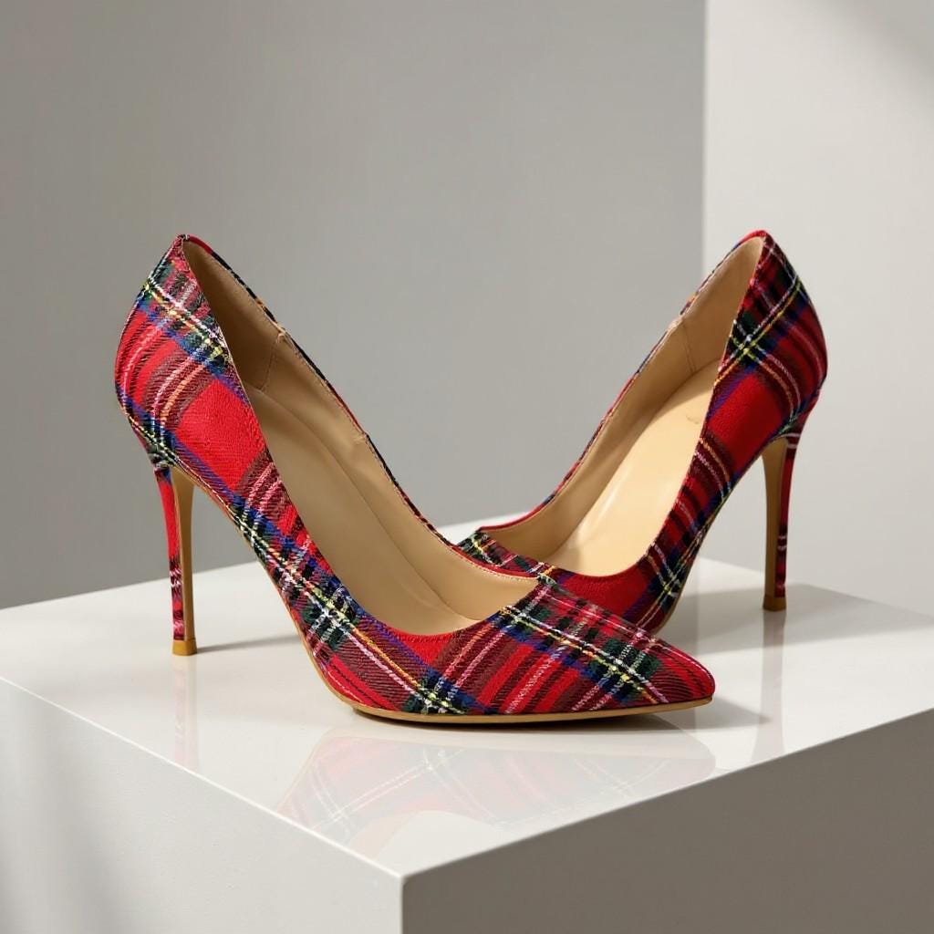 Red Plaid Heels, Tartan High Heel Pumps, Pointed Toe Stiletto Shoes, Women's Statement Dress Shoes