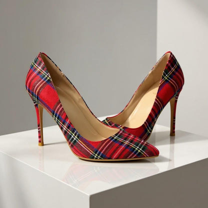 Red Plaid Heels, Tartan High Heel Pumps, Pointed Toe Stiletto Shoes, Women's Statement Dress Shoes