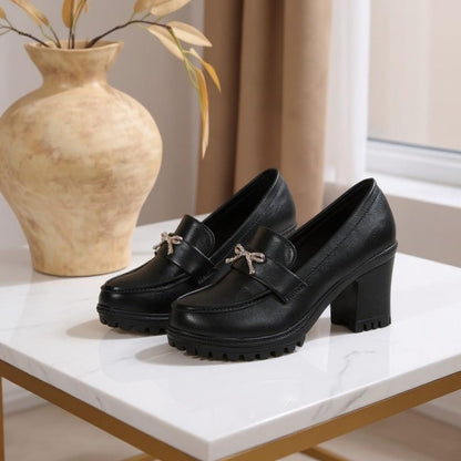 Black Heeled Loafers, Rhinestone Bow Shoes, Chunky Block Heel Loafers, Lug Sole Dress Shoes