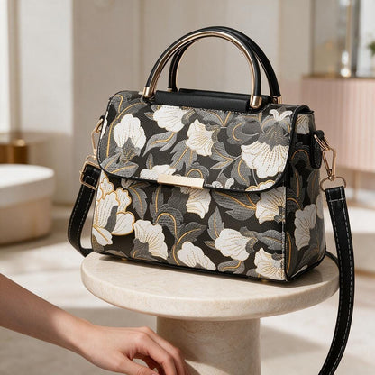 Black Floral Handbag, Structured Satchel Purse, White Flower Shoulder Bag, Top Handle Crossbody Bag, Elegant Women's Bag