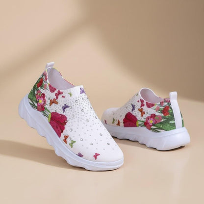 Floral Slip On Sneakers, Women's White Wedge Shoes, Flower Platform Sneakers